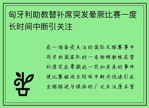 匈牙利助教替补席突发晕厥比赛一度长时间中断引关注 匈牙利助教替补席突发晕厥比赛一度长时间中断引关注